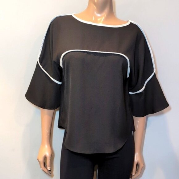 3/$20 Mimi Fashion Japan Bell Sleeve Top Contrast Trim Blouse *Fits Smaller* - Picture 2 of 11